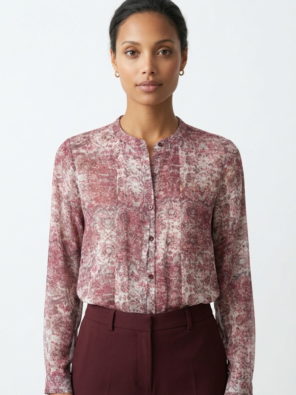 BCBGENERATION | Collarless Sheer Button Down Blouse Antique Print Women’s Size S